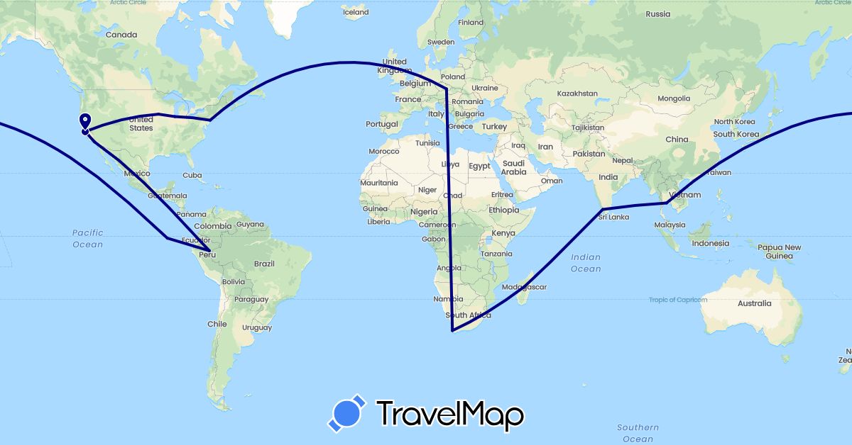 TravelMap itinerary: driving in Czech Republic, Ecuador, India, Japan, Madagascar, Peru, Thailand, United States, South Africa (Africa, Asia, Europe, North America, South America)
